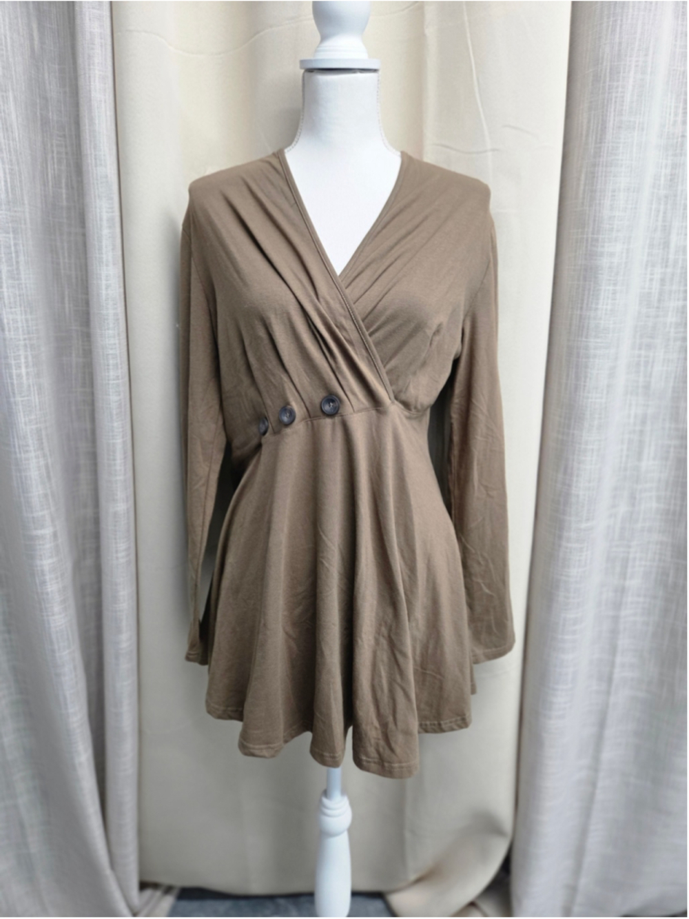 NWT Becanbe Women's Taupe Long-Sleeve Wrap Top Boho Cottagecore Festival Size L